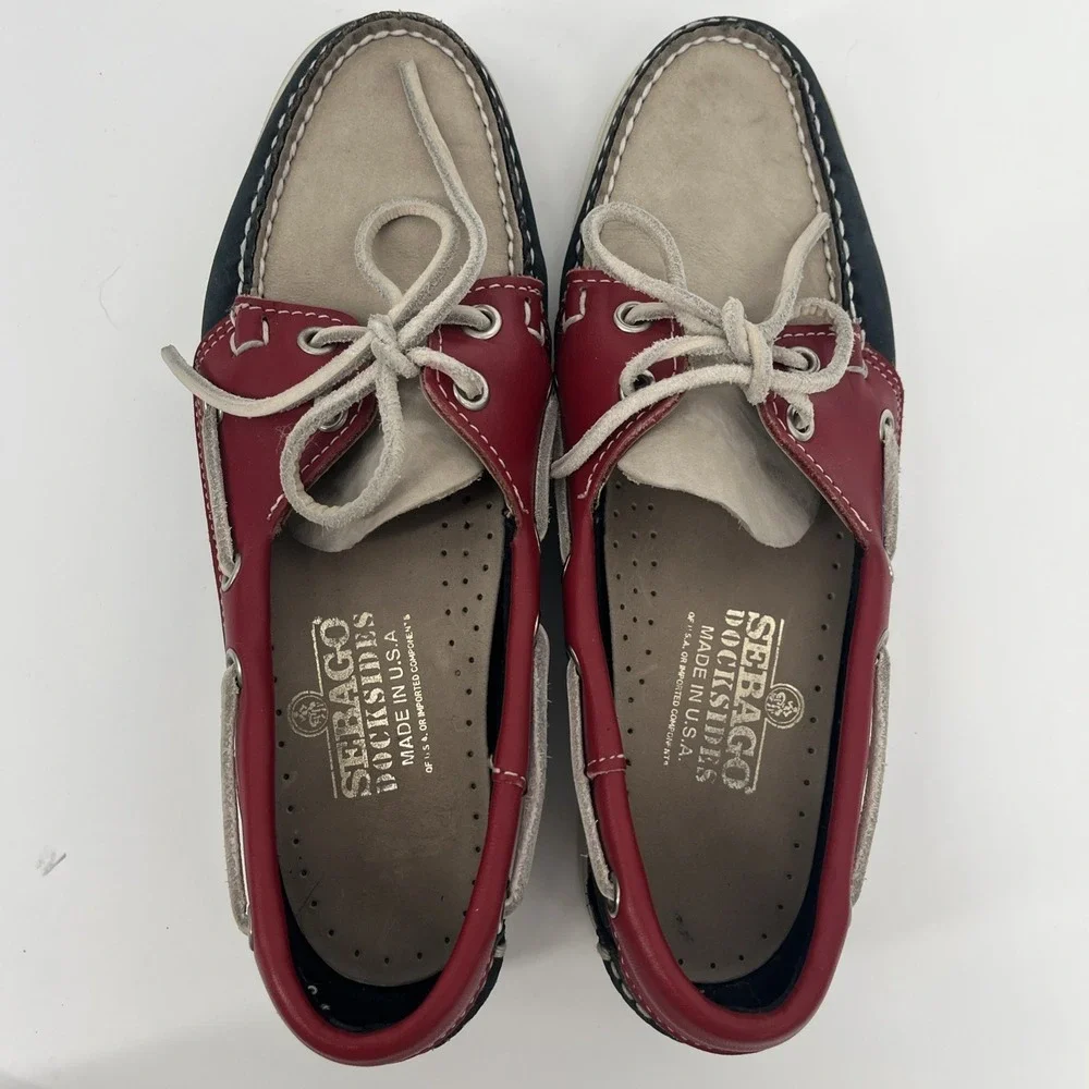 Vintage Sebago Womens Boat Shoes Size 7M Docksides‎ Navy Red Ivory Leather USA